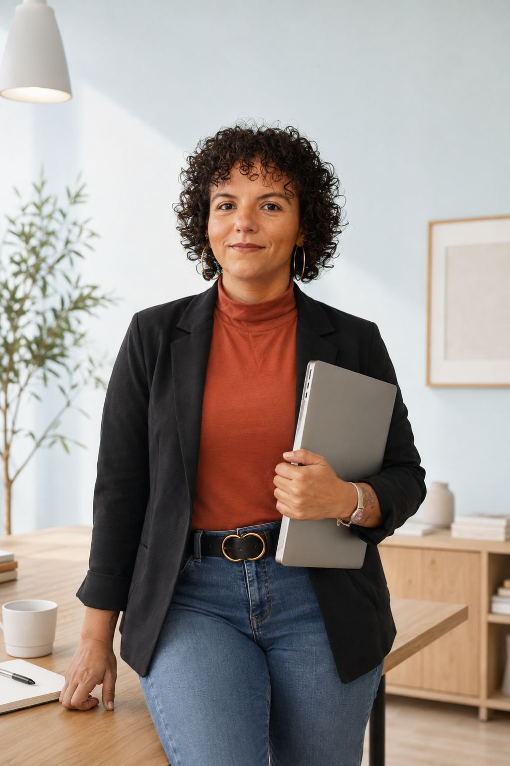 Raquel Camargo in her office, holding a laptop