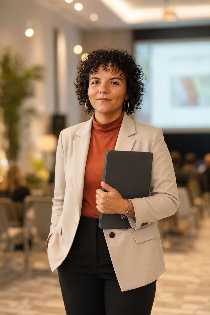 Raquel Camargo presenting to a room of professionals at a workshop