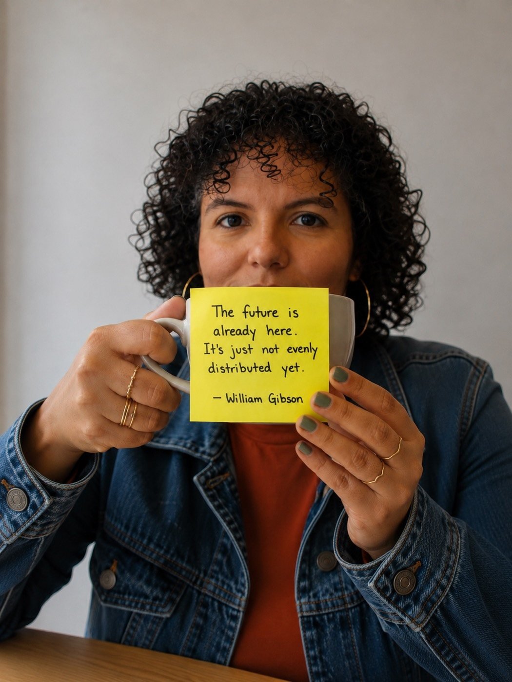 Raquel Camargo holding a mug with a handwritten William Gibson quote about the future being unevenly distributed